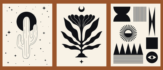 Set of three backgrounds for typography, decor design, covers. Vintage stylish illustration in boho style with sun, lines, plant, flower, eyes, cactus. Black and gold geometric shapes on beige. © Nataly