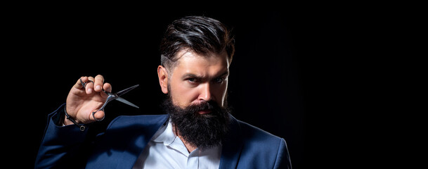 Bearded man, bearded male. Portrait of stylish man with classic long beard. Barber scissors, barber...