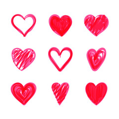 Vector Set of Hand Drawn Hearts, Valentines Day Illustration, Icons Set Isolated on White Background, Highlighter Drawings Set.