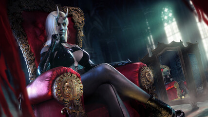 An elegant narcissistic horned demoness with dark skin in a tight-fitting leather suit sits impressively in a red armchair in shade in the middle of old temple, playfully looking away. 3d rendering
