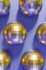 3d render of festive shiny dico balls pattern on a violet color of the year 2022