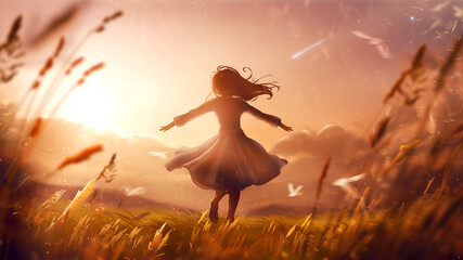 Obraz na płótnie Canvas A joyful girl in a summer dress cheerfully runs through a field with grass in the rays of a juicy bright sunset with clouds, whirling in the wind, grass rustles around and plant blades fly. 2d art