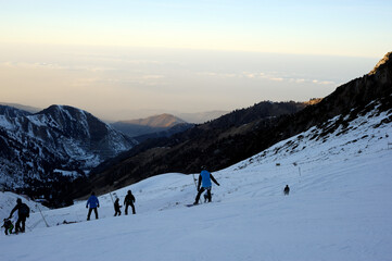 Active lifestyle and sports: rest in a ski resort. Skiing, snowboarding. Nice alpine view.