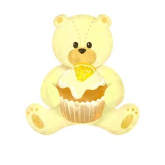 カップケーキを持った白クマのぬいぐるみ　