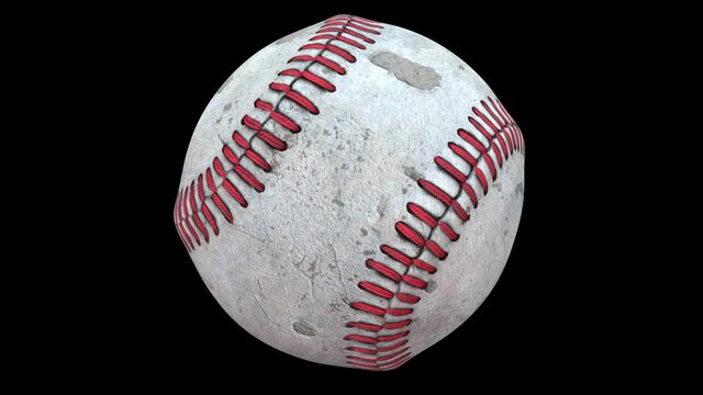 A worn out baseball rotating on an alpha channel background in a seamless loop.