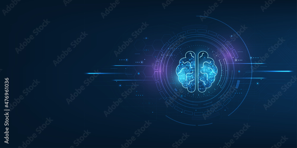 Poster technology artificial intelligence (ai) brain animation digital data concept. big data flow analysis