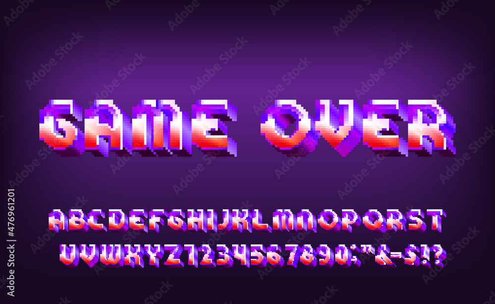 Poster game over alphabet font. digital 3d effect letters and numbers. 80s arcade video game typescript.