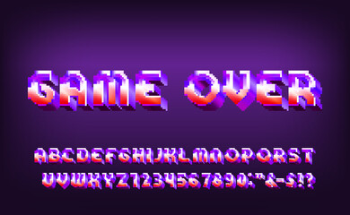 Game Over alphabet font. Digital 3d effect letters and numbers. 80s arcade video game typescript.