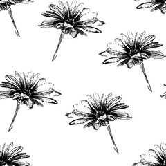 Seamless pattern of black and white flowers drawn in graphic