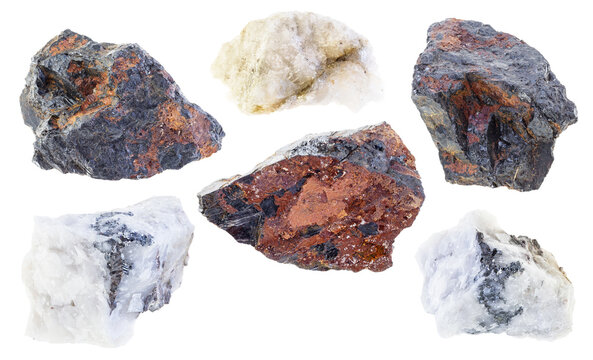 set of various tungsten ores cutout on white