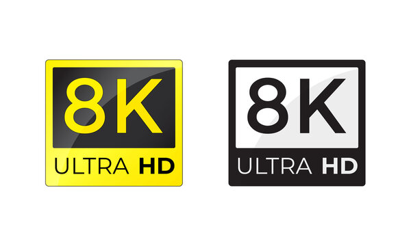 8K Ultra HD realistic video resolution logo on white background. 8k high definition display label vector illustration set.