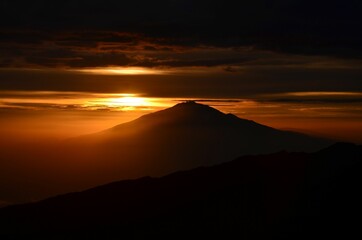 beautiful sunset on the kilimanjaro. Magical atmosphere in Shira camp.Wonderful mountain landscape and flora in Tanzania
