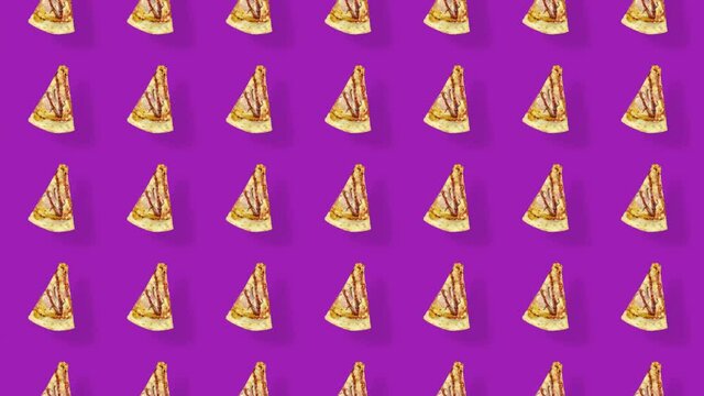 Colorful pattern of pizza isolated on violet background with shadows. Seamless pattern with pizza slices. Top view. Realistic animation. 4K video motion