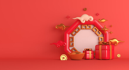Chinese new year 2022 with Yuan Bao gold sycee and coin gift box, copy space text, 3d rendering illustration