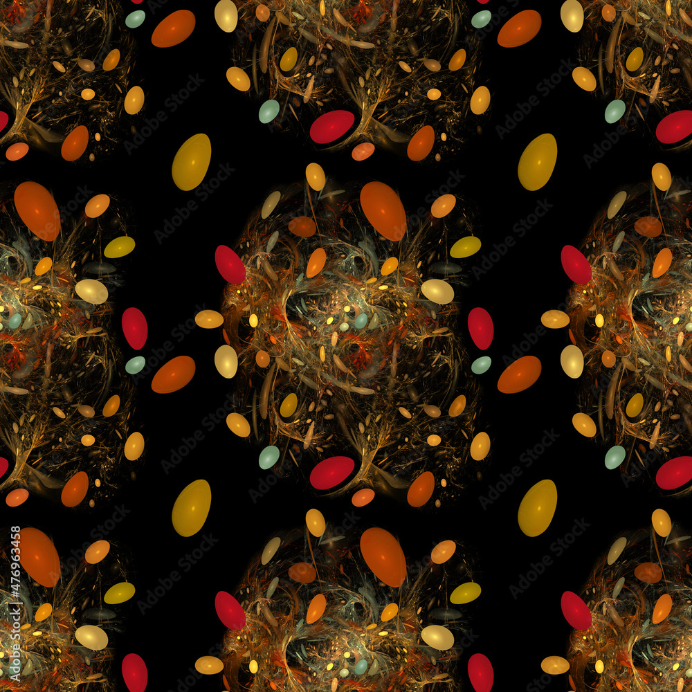 Poster seamless pattern with fractal abstract eggs in nests, black background