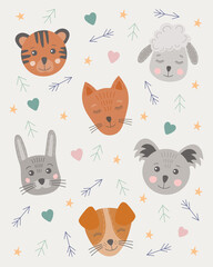 Cute funny little animals faces in Scandinavian style. Kids color zoo elements set. Hand drawn childish cartoon poster with faces of animals: tiger, sheep, koala, dog, hare, fox.