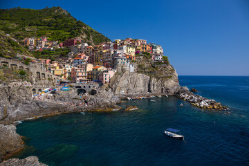 Picturesque view of Manarola, Laguria, Italy in the sunny summer day