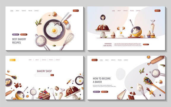 Set of web pages with baking elements. Baking, bakery shop, cooking, sweet products, dessert, pastry concept. Vector illustration for poster, banner, website, advertising.