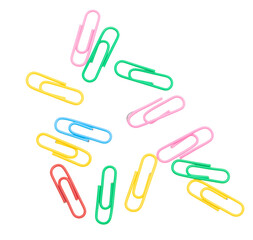 Multi-colored paper clips isolated on a white