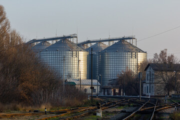 Obraz premium A large modern plant for the storage and processing of grain crops. view of the granary on a sunny day. Large iron barrels of grain. silver silos on agro manufacturing plant for processing and drying