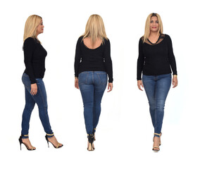 Obraz premium back, front and side view of same woman with jeans and heeled shoes on white background
