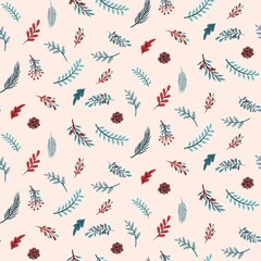 Fototapeta na wymiar Christmas seamless pattern with elements of Christmas tree branches and flowers. Illustration for vector images. Texture for printing and fashion design