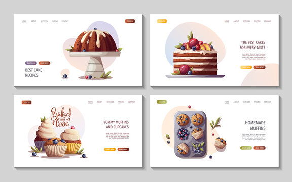 Set of web pages with Cakes, muffins, cupcakes. Baking, bakery shop, cooking, sweet products, dessert, pastry concept. Vector illustration for poster, banner, website, advertising.