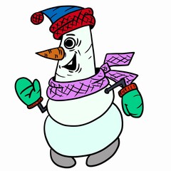 Cute character snowman for Christmas and New Years holiday. Vector illustration.