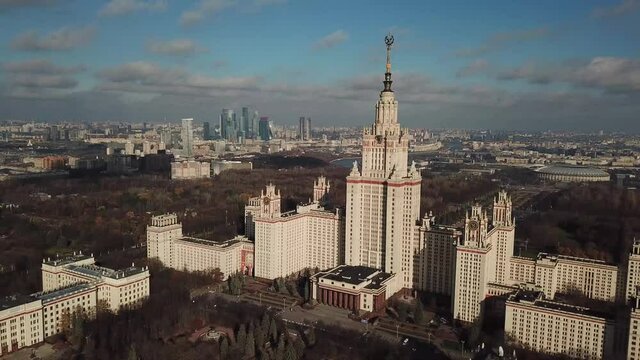 drone shooting near MGU overlooking Moscow city and Luzhniki stadium