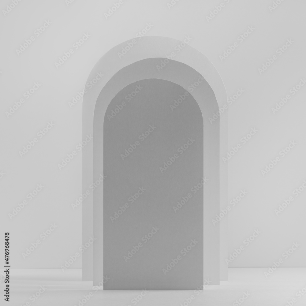 Poster soft light grey rectangle rounded arches in silhouette with shadows as podium on abstract stage mock