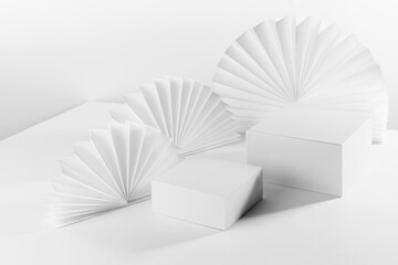 White light abstract scene with two square podiums on table mockup as showcase for displaying, presentation cosmetic product, goods with asian round ribbed paper fans, side view, corner, 3d.