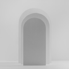 Soft light grey rectangle rounded arches in silhouette with shadows as podium on abstract stage mockup for presentation cosmetic product, design, advertising in simple geometric modern style, square.
