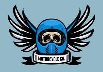 Racer skull in winged helmet. Skull biker with wing. Motorcycle company.