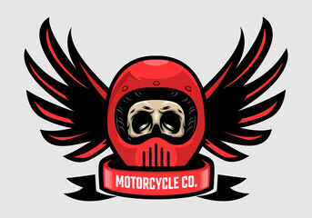 Racer skull in winged helmet. Skull biker with wing. Motorcycle company.