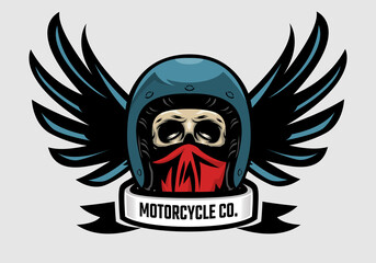 Racer skull in winged helmet. Skull biker with wing. Motorcycle company.