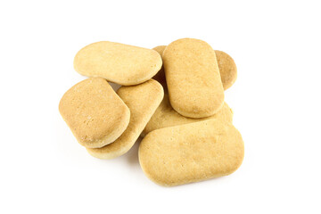 Bunch of short stick biscuits isolated on white background. Ladyfingers dessert ingredient