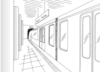 Subway station platform graphic black white sketch illustration vector 