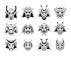 Samurai mask. Hand drawn Japanese warrior helmet tattoo. Medieval bushido demon engraving. Asian traditional head of armor. Ancient fighters faces. Vector military ninja drawing set