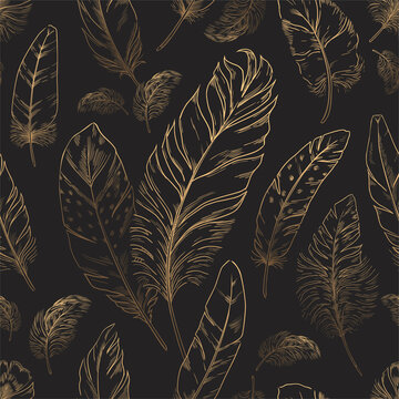Feather pattern. Seamless texture with hand drawn bird quills. Golden plumage sketch. Black textile print with animal wing elements. Swan or goose plume. Vector decoration background