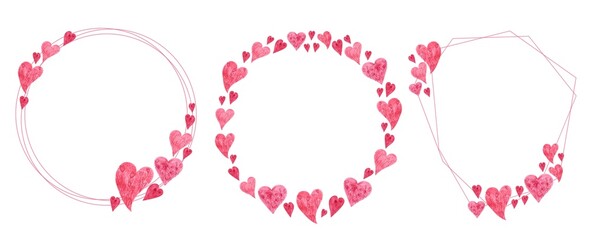 Set of 3 Valentine's Day wreaths. Pink watercolor romantic frames with hearts isolated. Cute Valentine's illustrations for your design. Wedding round shape template. Galentine's clipart.