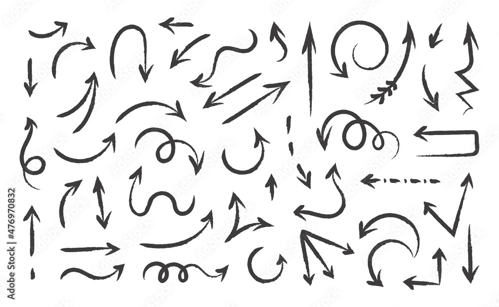 Poster hand drawn arrows. paintbrush sketch of direction signs. ink pen and pencil isolated abstract pointe