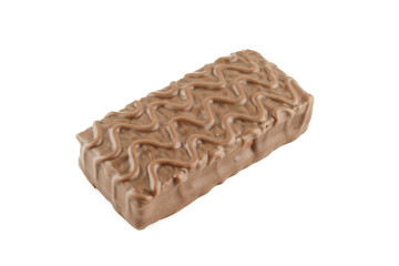 Chocolate covered cake bar isolated on white background