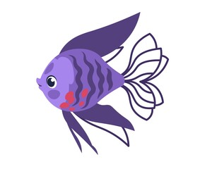 Cartoon fish. Violet marine animal. Underwater tropical creature with long fin tails and purple scales. Aquarium decorative exotic element. Coral reef inhabitant. Vector swimming pet