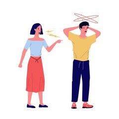 Girl yells at boy. Couple quarrels. Woman screams at boyfriend. Stressed man ignores girlfriend. Communication problem. Divorce and relationship conflict. Vector aggressive conversation