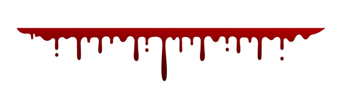 Straight blood drip. Horizontal border, bloody element gradient color, flowing drops or trickles, scary Halloween decoration. Spooky fluid ink smear, vector isolated illustration