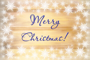 Winter wooden beige yellow brown nature background with snowflakes around. Texture of painted wood horizontal boards. Merry Christmas card.