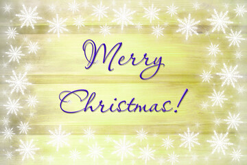 Obraz premium Winter wooden beige yellow nature background with snowflakes around. Texture of painted wood horizontal boards. Merry Christmas card.