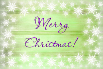 Winter wooden green yellow nature background with snowflakes around. Texture of painted wood horizontal boards. Merry Christmas card.