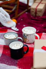 Naklejka na ściany i meble Cocoa or hot chocolate with marshelow. Beautiful winter photo session in nature. Atmosphere of the new year