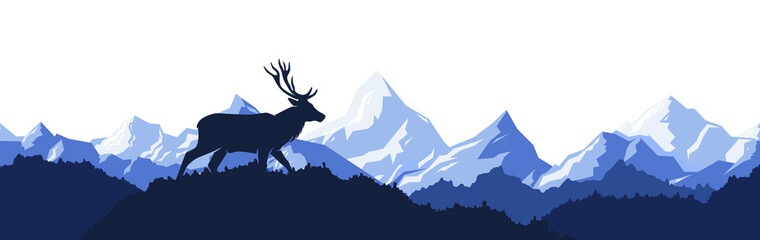 Seamless pattern of Colored mountains with trees and deer. Vector illustration.